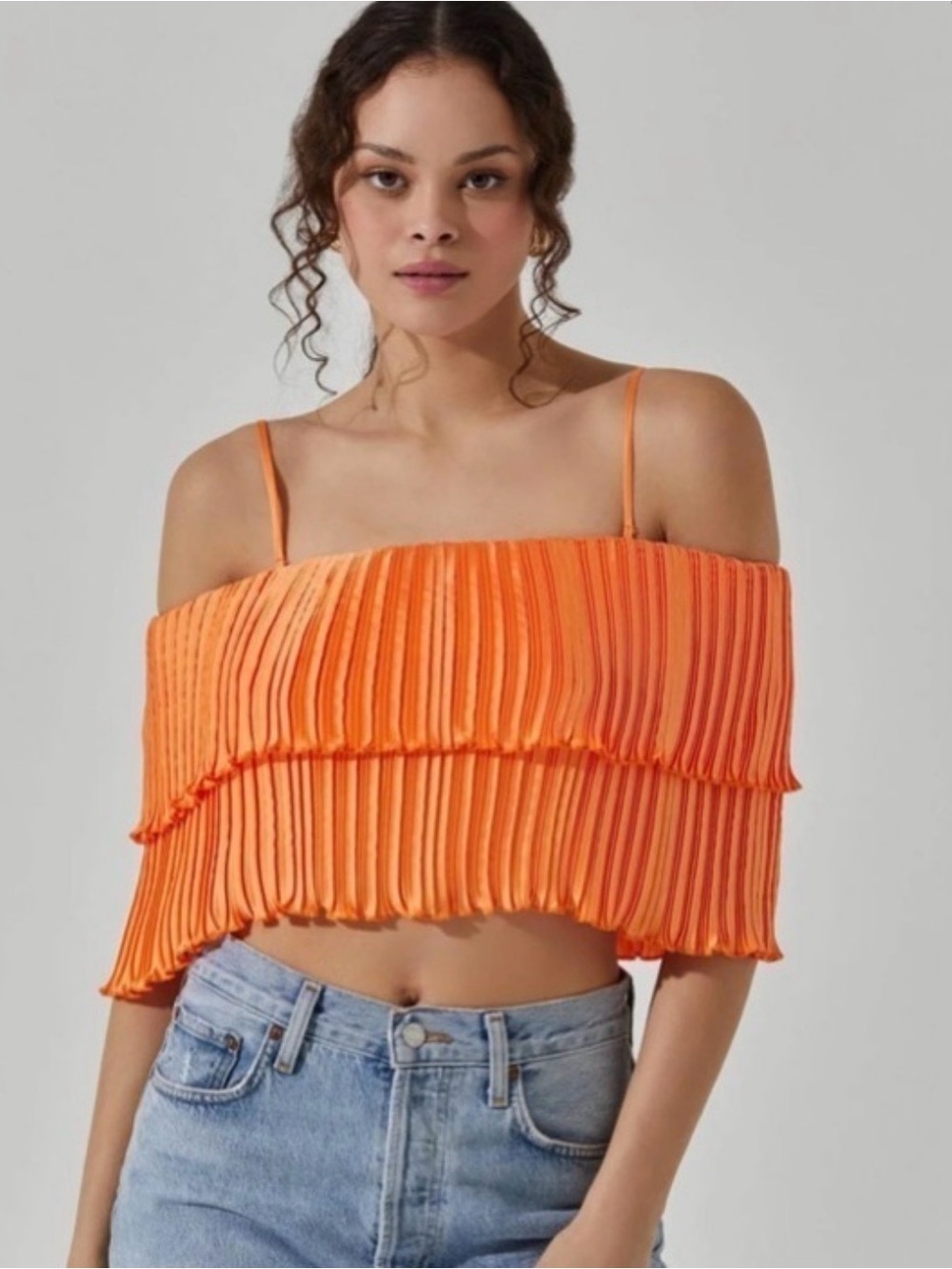 Astr Orange Off-Shoulder Pleated Ruffle Crop Top